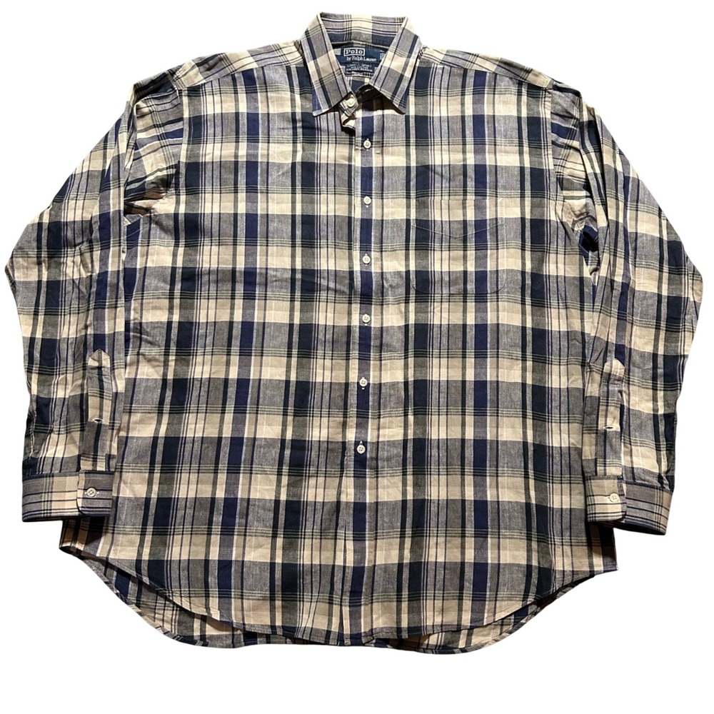 VTG Polo Ralph Lauren Button Down Men XL Navy Beige Plaid Lowell Sport USA Made